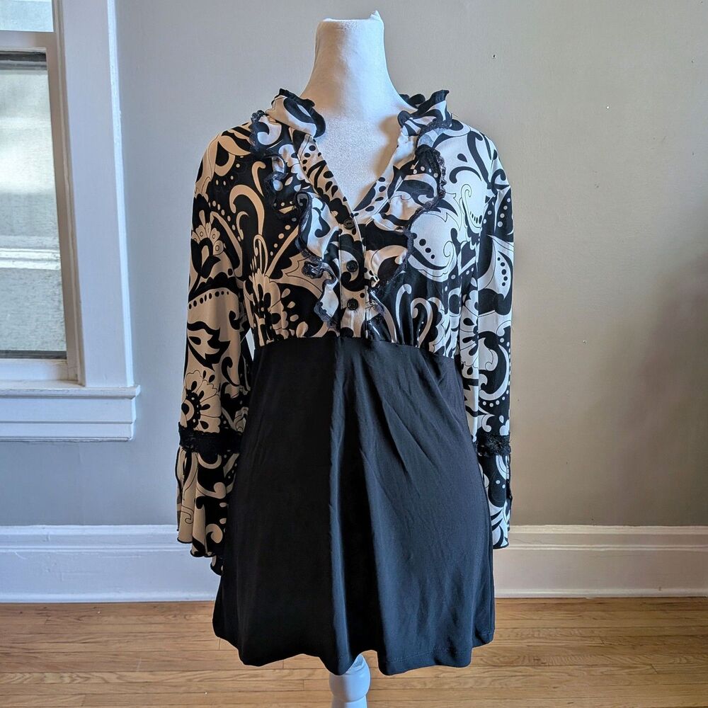 Vintage Y2K Dressbarn Floral Top Bell Sleeves Psychedelic Crochet Whimsygoth L